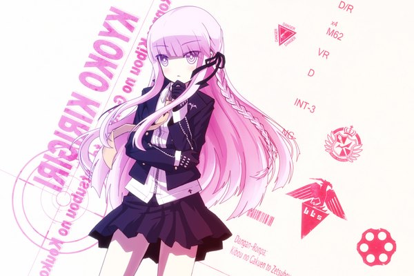 Anime picture 1800x1200 with dangan ronpa kirigiri kyouko uiu single long hair looking at viewer highres purple eyes white hair character names girl skirt gloves shirt jacket black skirt