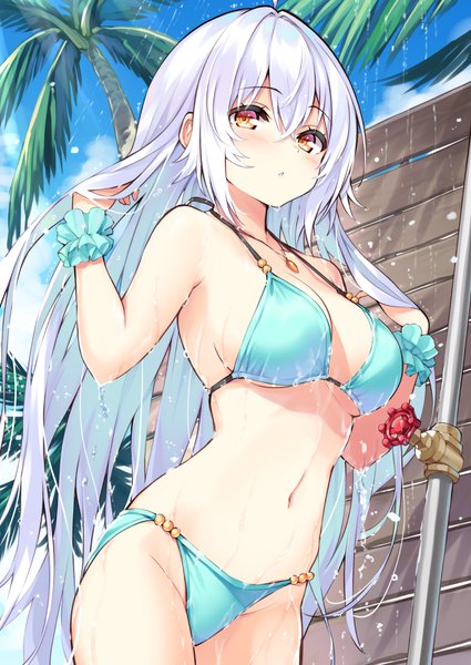 Anime picture 708x1000 with cu-no rapua qive hisenkaede single long hair tall image blush fringe breasts light erotic hair between eyes large breasts yellow eyes payot looking away sky silver hair cloud (clouds) ahoge parted lips