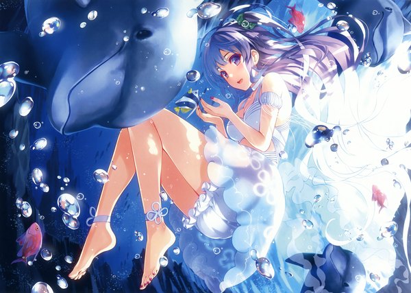 Anime picture 3300x2349 with original eshi 100-nin ten kuroya shinobu long hair highres open mouth purple eyes blue hair absurdres barefoot scan official art bare legs underwater girl dress animal bubble (bubbles) fish (fishes) dolphin