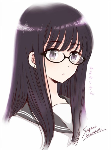 Anime picture 590x800 with himawari-san himawari-san (character) sugano manami single long hair tall image fringe black hair simple background white background signed looking away parted lips black eyes :o text portrait girl uniform glasses