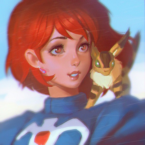 Anime picture 900x900 with kaze no tani no nausicaa studio ghibli nausicaa teto ilya kuvshinov single short hair simple background smile red eyes looking away red hair wind lips portrait blue background animal on shoulder girl earrings animal