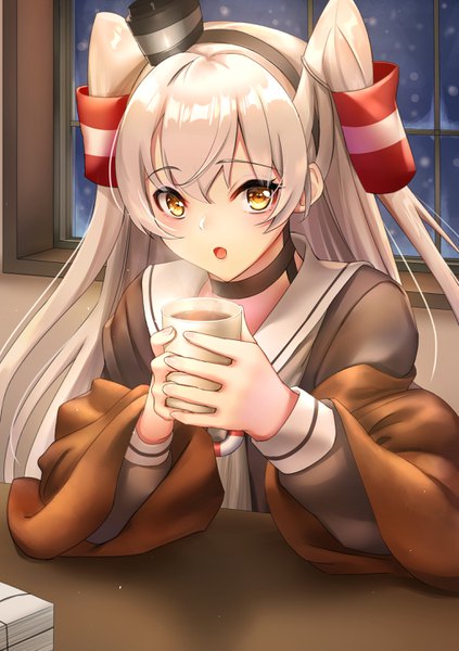 Anime picture 2039x2894 with kantai collection amatsukaze destroyer sakurahuji-iro single long hair tall image looking at viewer blush fringe highres open mouth hair between eyes holding brown eyes silver hair upper body indoors long sleeves night :o