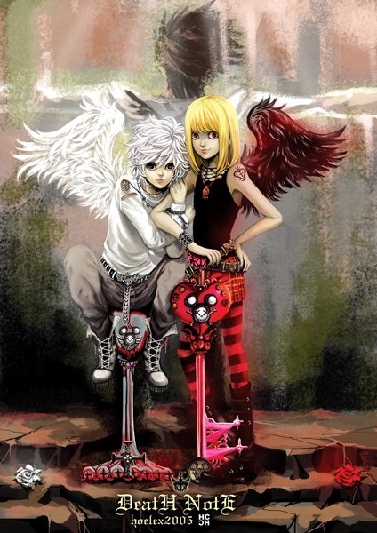 Anime picture 800x1132 with death note madhouse l (death note) mello (mihael keehl) near hoelex (artist) long hair tall image looking at viewer fringe short hair black hair blonde hair red eyes standing sitting bent knee (knees) white hair from behind black eyes