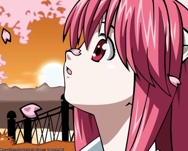 Anime picture 1280x1024 with elfen lied arms corporation lucy single long hair open mouth pink hair sky profile pink eyes horn (horns) cherry blossoms evening sunset mountain vector girl plant (plants) shirt tree (trees)