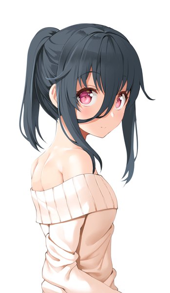 Anime picture 696x1195 with original murata taichi single long hair tall image looking at viewer blush fringe breasts black hair simple background hair between eyes standing white background bare shoulders payot upper body ponytail pink eyes looking back