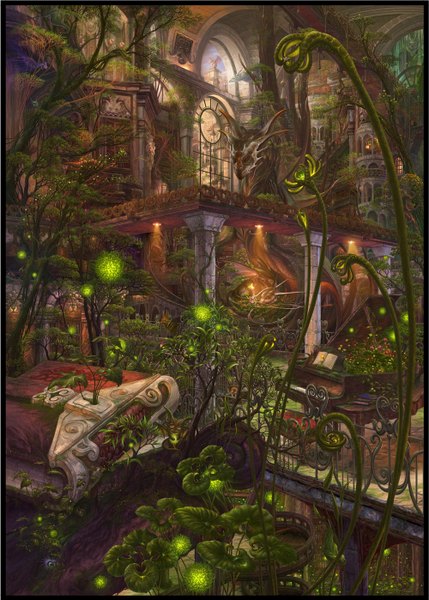 Anime picture 1000x1398 with ucchiey tall image sky light music plant (plants) animal tree (trees) window book (books) leaf (leaves) dragon musical note castle room pillar column