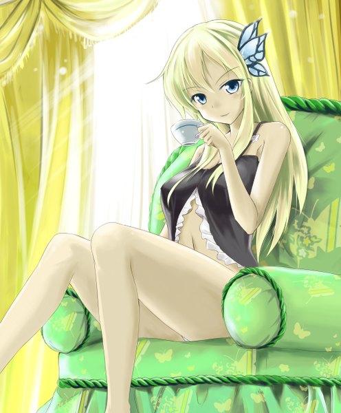 Anime picture 2040x2465 with boku wa tomodachi ga sukunai kashiwazaki sena kyaro (kyaro54) long hair tall image looking at viewer highres blue eyes light erotic blonde hair sitting bare shoulders cleavage light smile bare legs legs sleeveless girl navel hair ornament