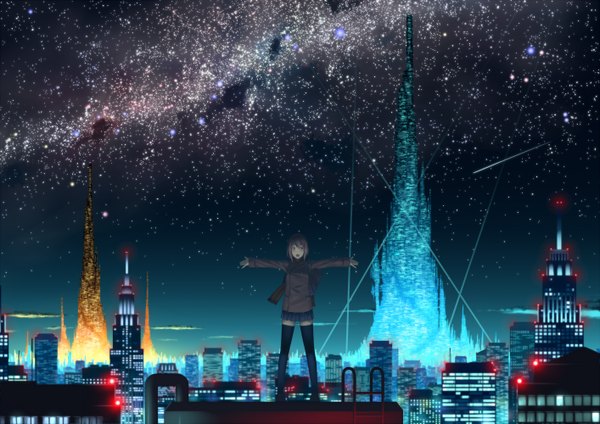 Anime picture 2828x2000 with original ac (eshi) single highres short hair brown hair night city spread arms girl thighhighs uniform school uniform miniskirt scarf building (buildings) star (stars) tower