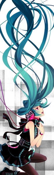 Anime picture 820x2625 with vocaloid hatsune miku macco (artist) single tall image open mouth twintails bare shoulders very long hair nail polish profile pink eyes aqua hair sleeveless tears girl pantyhose headphones wire (wires)