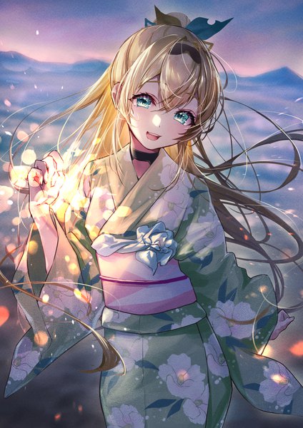 Anime picture 1000x1414 with virtual youtuber hololive kazama iroha misekiss single long hair tall image fringe open mouth blonde hair hair between eyes ponytail traditional clothes head tilt :d japanese clothes aqua eyes blurry beach floral print