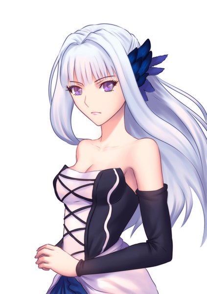 Anime picture 885x1254 with odin sphere vanillaware gwendolyn fateline alpha single long hair tall image looking at viewer fringe breasts simple background standing white background purple eyes bare shoulders payot cleavage silver hair upper body blunt bangs