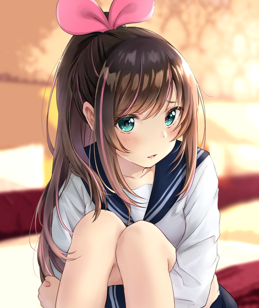 Anime picture 1988x2360 with virtual youtuber a.i. channel kizuna ai haru (re ilust) single long hair tall image looking at viewer blush fringe highres open mouth brown hair sitting payot pink hair ponytail indoors long sleeves multicolored hair