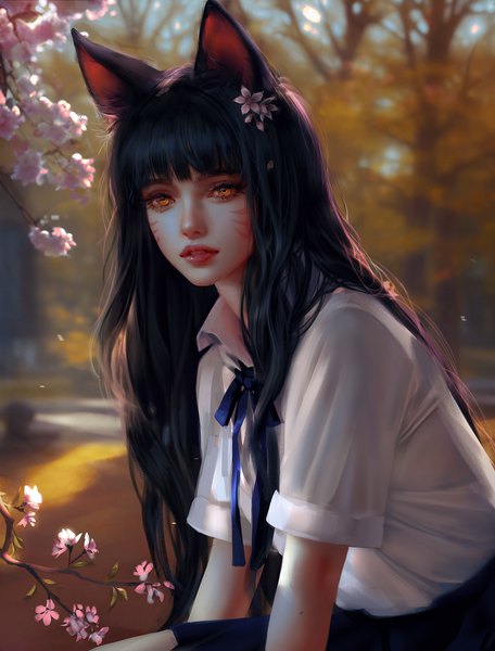Anime picture 3800x5000 with league of legends ahri (league of legends) nixeu single long hair tall image looking at viewer fringe highres black hair sitting animal ears yellow eyes absurdres outdoors blunt bangs parted lips hair flower lips blurry