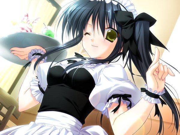 Anime picture 1200x900 with aster (game) black hair green eyes game cg maid girl