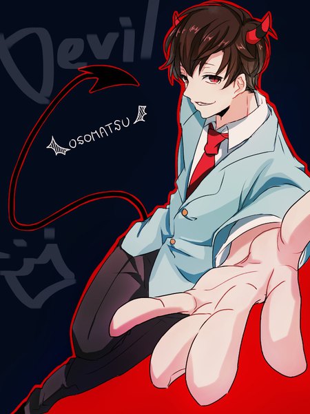 Anime picture 768x1024 with osomatsu-san matsuno osomatsu saamon (dream81come) single tall image looking at viewer short hair red eyes brown hair tail horn (horns) character names demon tail outstretched hand demon boy monsterification boy uniform school uniform necktie