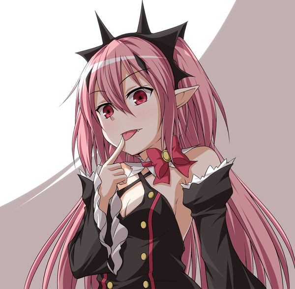 Anime picture 800x784 with owari no seraph wit studio kururu tepes kyuutou (kyuutouryuu) single long hair fringe open mouth hair between eyes red eyes bare shoulders looking away pink hair long sleeves pointy ears teeth fang (fangs) two side up finger to mouth licking