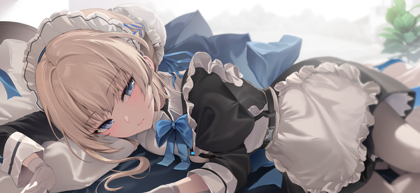 Anime picture 2000x919 with blue archive toki (blue archive) zerocat single looking at viewer blush fringe highres short hair blue eyes blonde hair wide image lying long sleeves maid hair bun (hair buns) puffy sleeves on side girl dress
