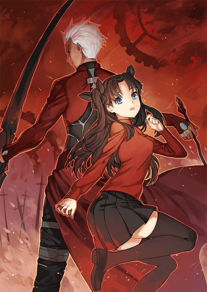 Anime picture 638x900 with fate (series) fate/stay night type-moon toosaka rin archer (fate) haijin long hair tall image looking at viewer short hair open mouth blue eyes black hair twintails bent knee (knees) white hair from behind girl thighhighs boy