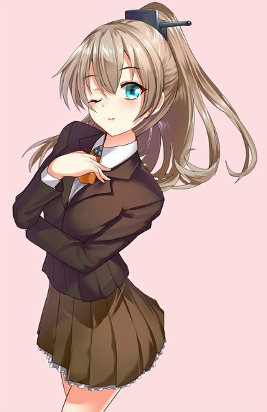 Anime picture 649x1000 with kantai collection kumano heavy cruiser arudehido single long hair tall image looking at viewer blue eyes simple background brown hair ponytail one eye closed wink girl skirt hair ornament