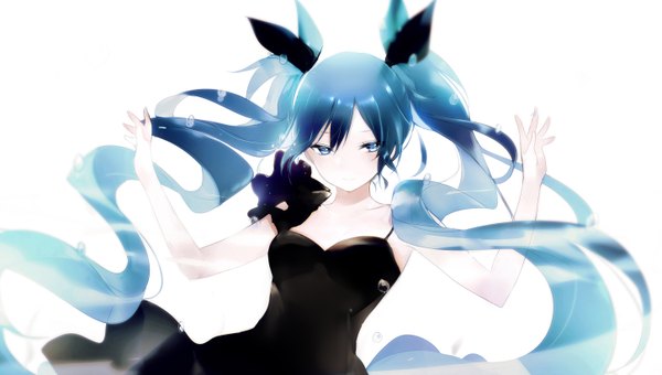 Anime picture 1450x824 with vocaloid shinkai shoujo (vocaloid) hatsune miku lpip single looking at viewer simple background wide image white background twintails blue hair very long hair aqua eyes girl dress ribbon (ribbons) hair ribbon black dress bubble (bubbles)