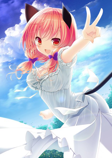 Anime picture 800x1130 with original minatsuki alumi single long hair tall image looking at viewer fringe breasts open mouth red eyes twintails animal ears pink hair sky cloud (clouds) outdoors tail animal tail sunlight cat ears