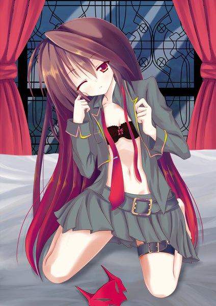 Anime picture 2480x3507 with seirei tsukai no blade dance rubia elstein guhua67 single long hair tall image blush fringe highres light erotic hair between eyes red eyes brown hair bent knee (knees) red hair head tilt pleated skirt one eye closed multicolored hair barefoot