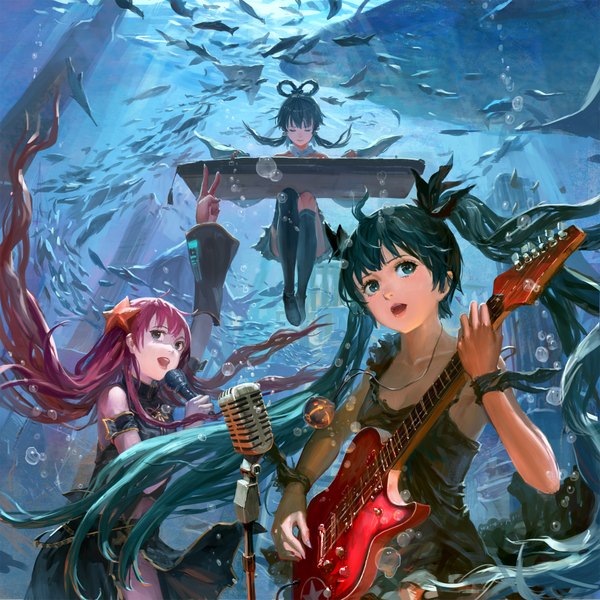 Anime picture 2000x2000 with vocaloid vocaloid china hatsune miku megurine luka luo tianyi november (jeanex) long hair highres open mouth black hair twintails multiple girls pink hair eyes closed aqua eyes aqua hair group underwater girl dress