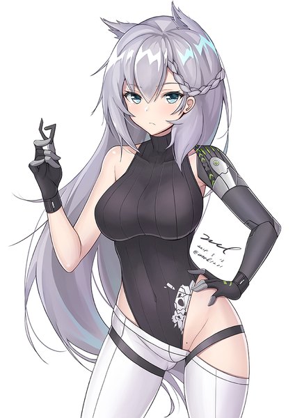 Anime picture 800x1132 with girls frontline ksvk (girls frontline) unel single long hair tall image looking at viewer blush fringe breasts blue eyes light erotic simple background hair between eyes large breasts standing white background holding signed animal ears