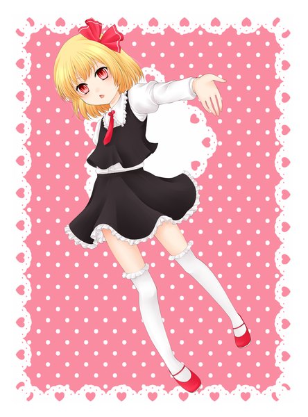 Anime picture 2000x2700 with touhou rumia kutsuna ayumu (artist) tall image blush highres short hair open mouth blonde hair red eyes girl thighhighs skirt bow hair bow miniskirt shirt white thighhighs necktie skirt set