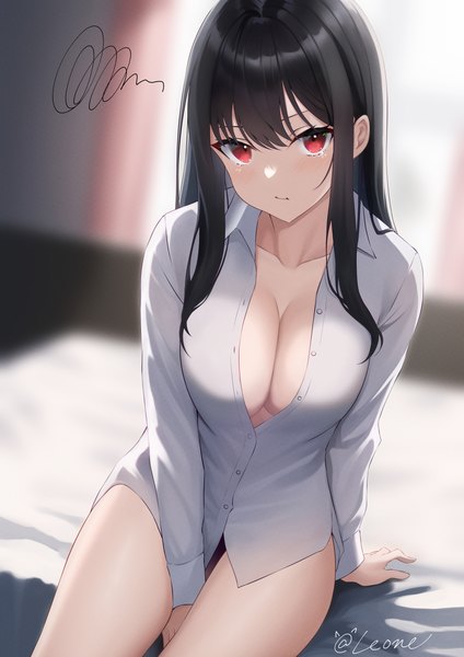 Anime picture 2851x4032 with original leone (kamina0205) single long hair tall image looking at viewer blush fringe highres breasts light erotic black hair hair between eyes red eyes large breasts signed indoors long sleeves blurry arm support