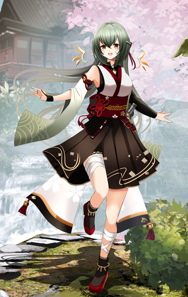 Anime picture 2818x4459 with original tokiwa sylbe single long hair tall image looking at viewer blush fringe highres breasts open mouth smile hair between eyes standing brown eyes full body outdoors traditional clothes :d japanese clothes