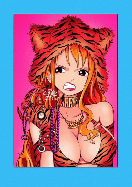 Anime picture 1448x2048 with one piece toei animation nami (one piece) sherumaru (korcht06) single long hair tall image fringe breasts light erotic hair between eyes large breasts bare shoulders holding signed animal ears looking away cleavage upper body fingernails