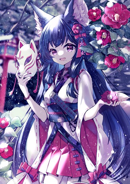 Anime picture 1447x2047 with original 07touka25 single long hair tall image looking at viewer fringe open mouth smile standing purple eyes holding animal ears blue hair outdoors tail nail polish traditional clothes :d japanese clothes
