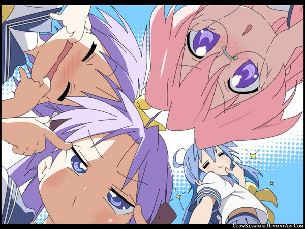 Anime picture 1024x768 with lucky star kyoto animation izumi konata hiiragi kagami hiiragi tsukasa takara miyuki girl