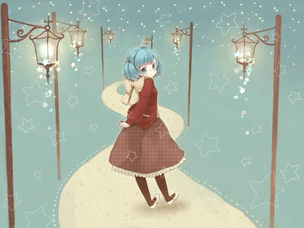 Anime picture 1333x1000 with vocaloid hatsune miku asahi (yummy!) single fringe short hair standing twintails aqua eyes light smile from behind aqua hair short twintails hands behind back street girl skirt bow scarf star (symbol)