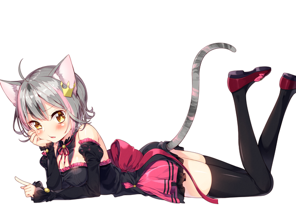 Anime picture 2577x1840 with original tirol (sakuragi ren) sakuragi ren single looking at viewer blush fringe highres short hair light erotic simple background hair between eyes white background animal ears yellow eyes pink hair ahoge bent knee (knees) tail lying