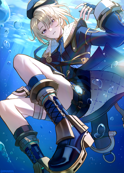 Anime picture 2461x3430 with genshin impact freminet (genshin impact) pponnya single tall image looking at viewer fringe highres short hair blonde hair purple eyes signed hair over one eye twitter username underwater hat removed headwear removed boy gloves fingerless gloves