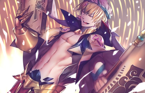 Anime picture 2000x1285 with fate (series) gilgamesh (fate) gilgamesh (caster) (fate) rahato single fringe highres short hair open mouth light erotic blonde hair smile hair between eyes standing bare shoulders holding brown eyes looking away traditional clothes teeth