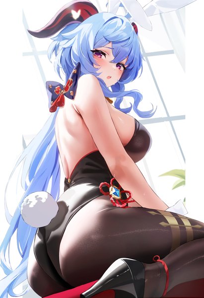 Anime picture 4160x6080 with genshin impact ganyu (genshin impact) fantongjun single long hair tall image looking at viewer blush fringe highres breasts open mouth light erotic hair between eyes large breasts sitting animal ears blue hair absurdres ass