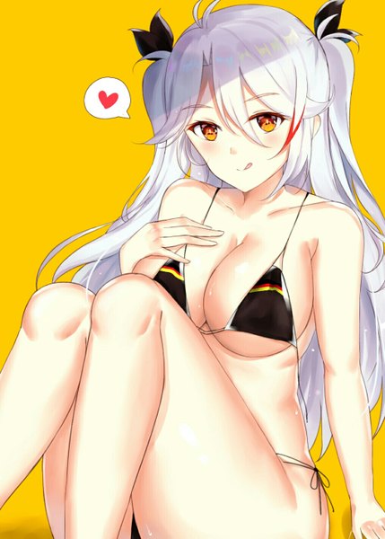 Anime picture 1016x1422 with azur lane prinz eugen (azur lane) prinz eugen (unfading smile) (azur lane) kagura miyabi single long hair tall image looking at viewer blush fringe breasts light erotic simple background large breasts sitting bare shoulders brown eyes cleavage silver hair ahoge