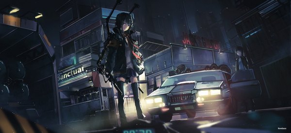 Anime picture 1749x800 with original novelance long hair looking at viewer fringe highres blue eyes black hair wide image standing multiple girls holding green eyes signed full body outdoors blunt bangs pleated skirt blurry night