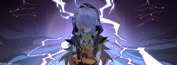 Anime picture 1949x720 with genshin impact razor (genshin impact) einekleine single long hair highres wide image signed silver hair upper body tears dated blood on face holding arm hair over eyes bloody clothes electricity boy hood blood