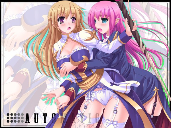 Anime picture 1600x1200 with ragnarok online archbishop (ragnarok online) priest (ragnarok online) toujou akira long hair blush highres breasts open mouth light erotic brown hair standing multiple girls pink hair pointy ears shoujo ai breast press zoom layer girl thighhighs