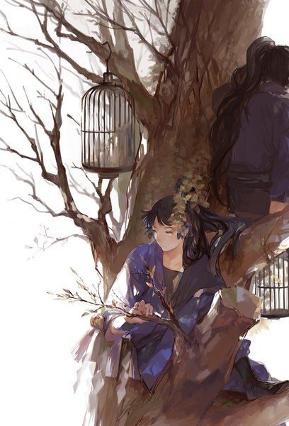Anime picture 700x1029 with rakudai ninja rantarou kukuchi heisuke ohama kanemon nineo long hair tall image black hair simple background white background sitting brown eyes looking away ponytail traditional clothes japanese clothes from behind multiple boys boy plant (plants) tree (trees)