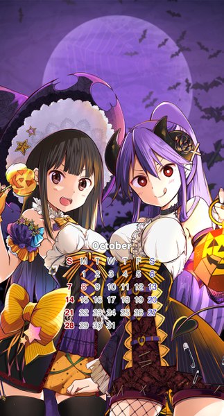 Anime picture 1398x2592 with original ragho no erika long hair tall image looking at viewer blush fringe breasts open mouth black hair red eyes multiple girls brown eyes purple hair ponytail horn (horns) night night sky halloween :q