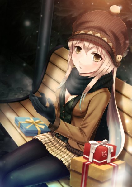 Anime picture 707x1000 with original qing (pixiv id4667708) single long hair tall image looking at viewer blush blonde hair sitting yellow eyes from above snowing winter girl skirt gloves headdress scarf gift cap