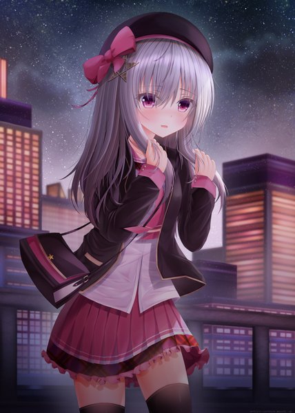 Anime picture 3000x4200 with original ichizon single long hair tall image blush fringe highres open mouth hair between eyes standing signed looking away silver hair outdoors long sleeves pleated skirt pink eyes night zettai ryouiki