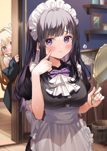 Anime picture 998x1400 with original kanda done long hair tall image looking at viewer blush fringe open mouth black hair blonde hair standing purple eyes multiple girls holding indoors blunt bangs :o short sleeves maid puffy sleeves