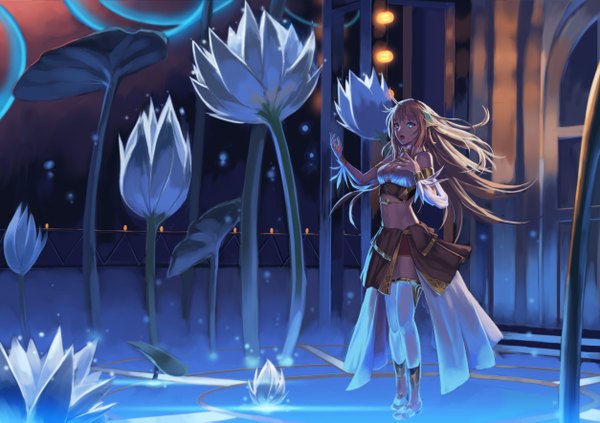 Anime picture 1254x885 with surge concerto: ciel nosurge gust (company) ionasal kkll preciel mismi single long hair open mouth blue eyes blonde hair midriff girl thighhighs skirt navel flower (flowers) miniskirt white thighhighs