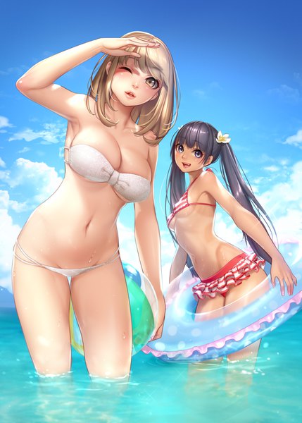 Anime picture 2590x3624 with original masami chie long hair tall image highres short hair breasts light erotic black hair brown hair standing twintails multiple girls brown eyes sky cloud (clouds) outdoors one eye closed hair flower girl